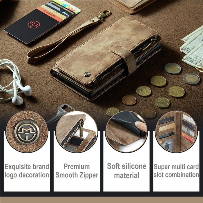 CaseMe Samsung Galaxy S22 Zipper Wallet Kickstand Case Coffee