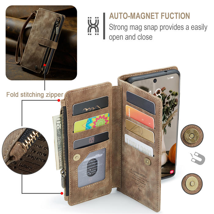 CaseMe Samsung Galaxy S22 Zipper Wallet Kickstand Case Coffee