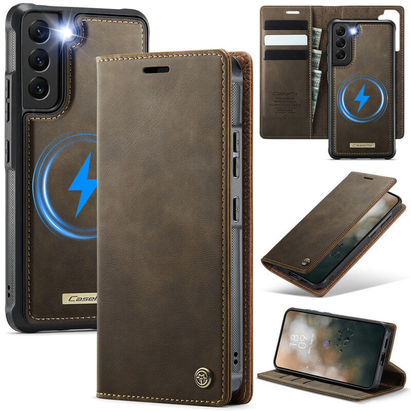 CaseMe Samsung Galaxy S22 2-in-1 Magnetic Wallet Case – Wireless Charging & RFID Blocking Coffee