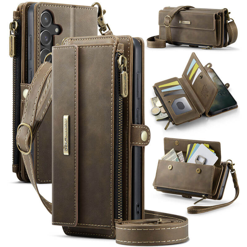 CaseMe Samsung Galaxy S23 FE Wallet Case – RFID Blocking Crossbody Bag with 9 Card Slots & Wireless Charging Coffee