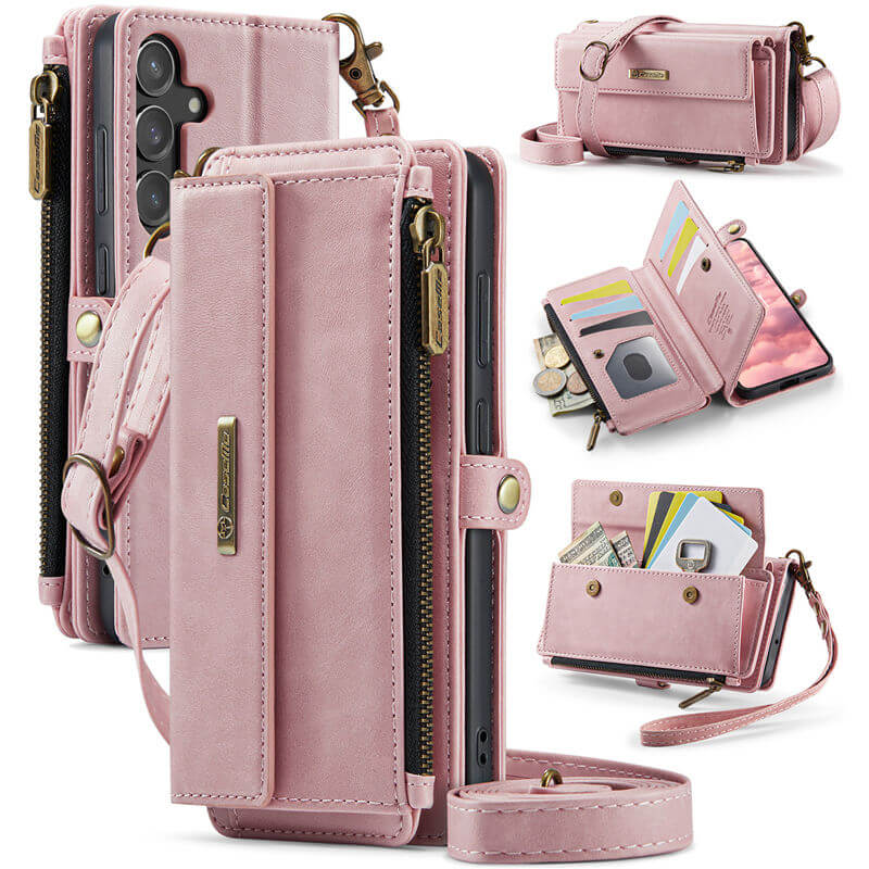 CaseMe Samsung Galaxy S23 FE Wallet Case – RFID Blocking Crossbody Bag with 9 Card Slots & Wireless Charging Pink