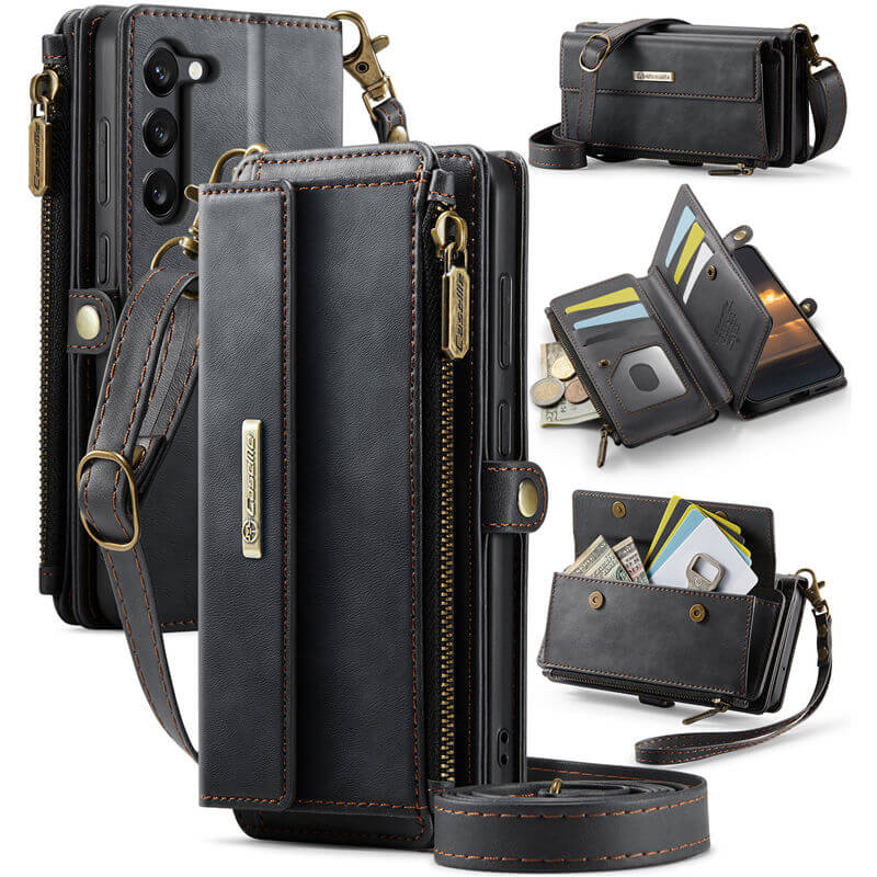 CaseMe Samsung Galaxy S23 Plus Wallet Case – RFID Blocking Crossbody Bag with 9 Card Slots & Wireless Charging Black