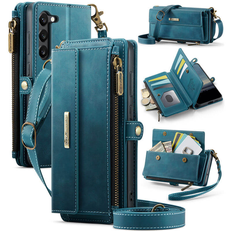 CaseMe Samsung Galaxy S23 Plus Wallet Case – RFID Blocking Crossbody Bag with 9 Card Slots & Wireless Charging Blue