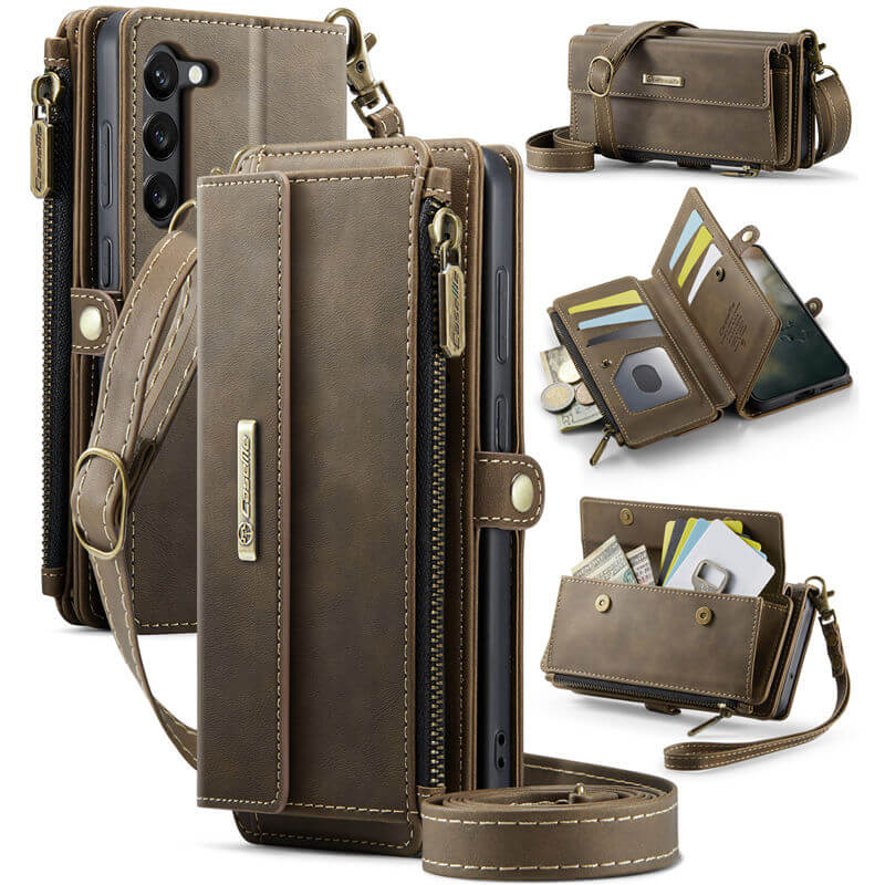 CaseMe Samsung Galaxy S23 Plus Wallet Case – RFID Blocking Crossbody Bag with 9 Card Slots & Wireless Charging Coffee