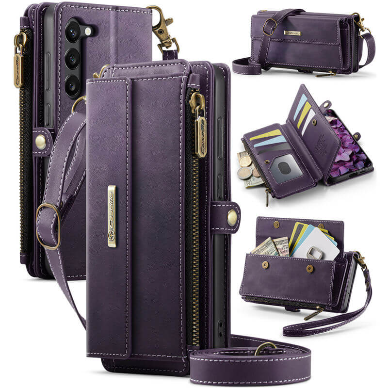 CaseMe Samsung Galaxy S23 Plus Wallet Case – RFID Blocking Crossbody Bag with 9 Card Slots & Wireless Charging Purple