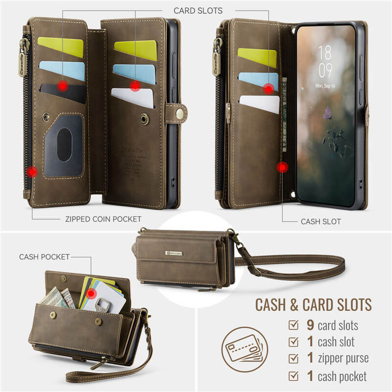 CaseMe Samsung Galaxy S23 Wallet Case – RFID Blocking, 9 Card Slots, Crossbody Strap & Wireless Charging