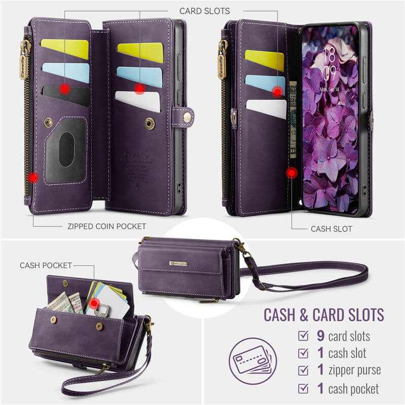 CaseMe Samsung Galaxy S23 Wallet Case – RFID Blocking, 9 Card Slots, Crossbody Strap & Wireless Charging