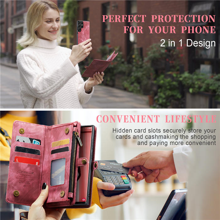 CaseMe Samsung Galaxy S23 Ultra Wallet Case with Wrist Strap Red