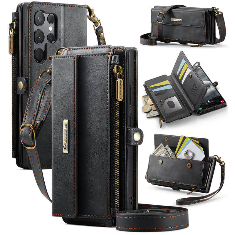 CaseMe Samsung Galaxy S23 Ultra Wallet Case – RFID Blocking Crossbody Bag with 9 Card Slots & Wireless Charging Black