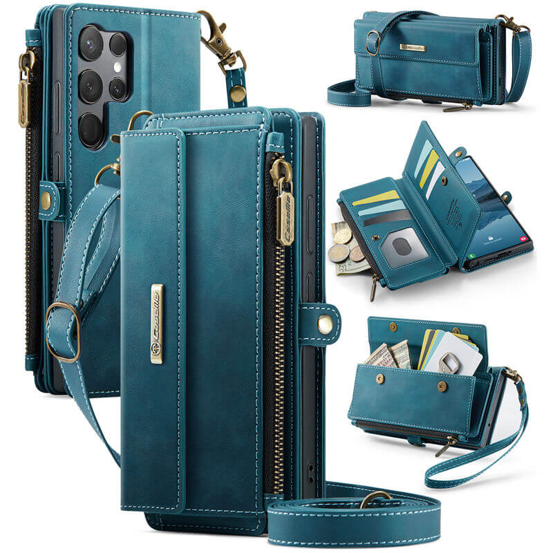 CaseMe Samsung Galaxy S23 Ultra Wallet Case – RFID Blocking Crossbody Bag with 9 Card Slots & Wireless Charging Blue