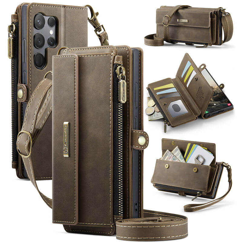 CaseMe Samsung Galaxy S23 Ultra Wallet Case – RFID Blocking Crossbody Bag with 9 Card Slots & Wireless Charging Coffee