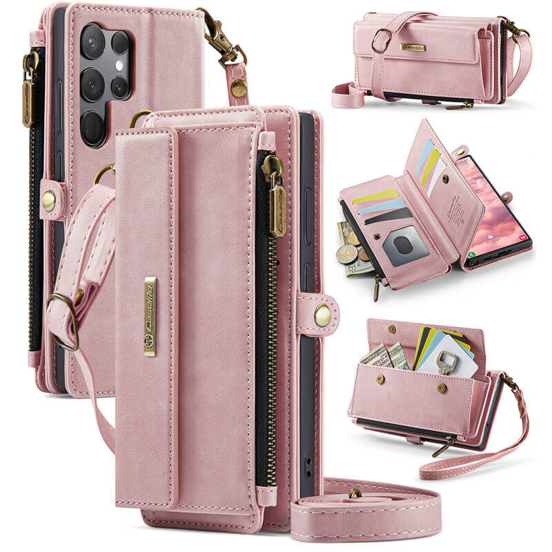 CaseMe Samsung Galaxy S23 Ultra Wallet Case – RFID Blocking Crossbody Bag with 9 Card Slots & Wireless Charging Pink