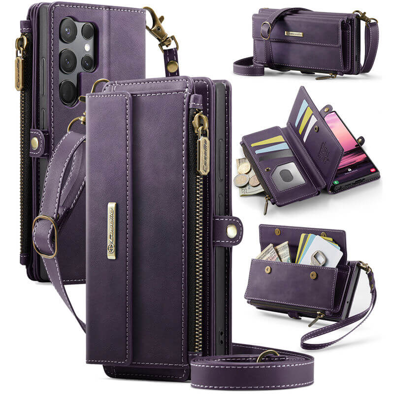 CaseMe Samsung Galaxy S23 Ultra Wallet Case – RFID Blocking Crossbody Bag with 9 Card Slots & Wireless Charging Purple