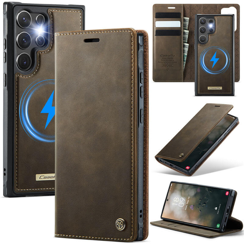 CaseMe Samsung Galaxy S23 Ultra 2-in-1 Magnetic Wallet Case – Wireless Charging & RFID Blocking Coffee