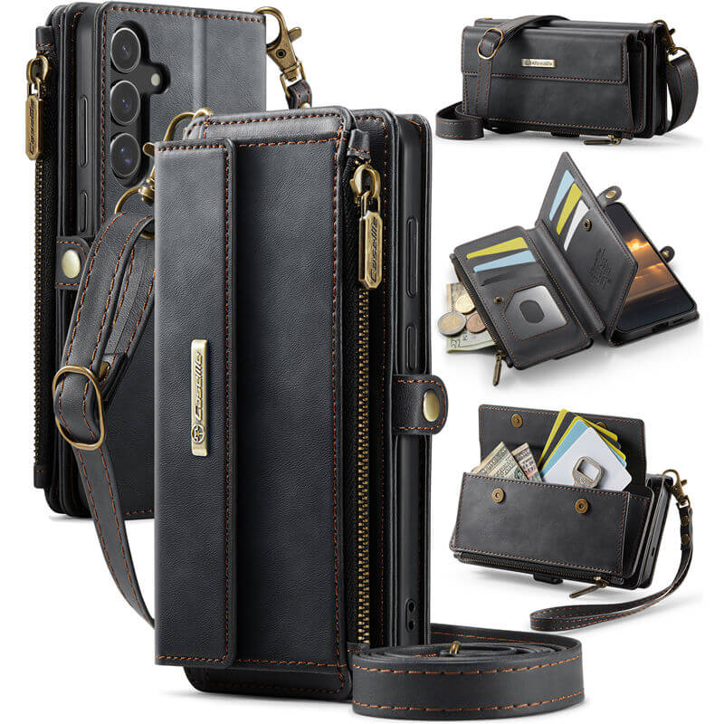 CaseMe Samsung Galaxy S25 Plus Wallet Case – RFID Blocking Crossbody Bag with 9 Card Slots & Wireless Charging Black