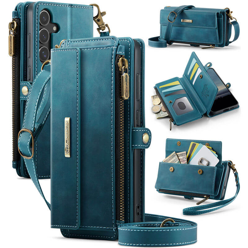 CaseMe Samsung Galaxy S25 Plus Wallet Case – RFID Blocking Crossbody Bag with 9 Card Slots & Wireless Charging Blue