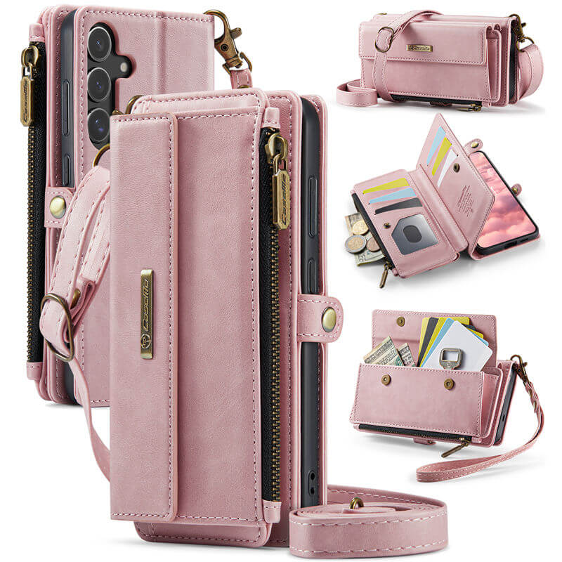 CaseMe Samsung Galaxy S25 Plus Wallet Case – RFID Blocking Crossbody Bag with 9 Card Slots & Wireless Charging Pink