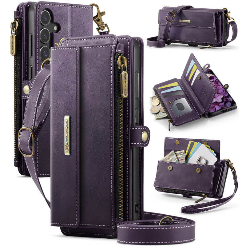 CaseMe Samsung Galaxy S25 Plus Wallet Case – RFID Blocking Crossbody Bag with 9 Card Slots & Wireless Charging Purple