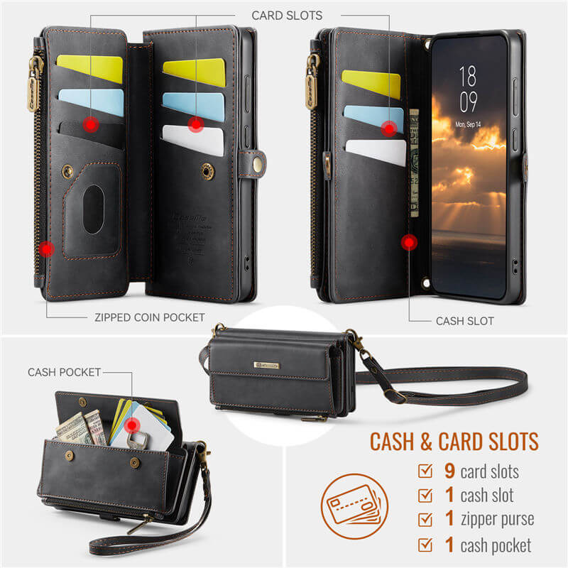CaseMe Samsung Galaxy S24 Plus Wallet Case – RFID Blocking, 9 Card Slots, Crossbody Strap & Wireless Charging
