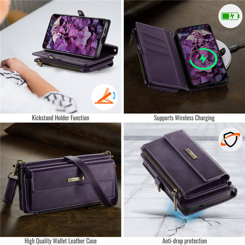CaseMe Samsung Galaxy S24 FE Wallet Case – RFID Blocking, 9 Card Slots, Crossbody Strap & Wireless Charging