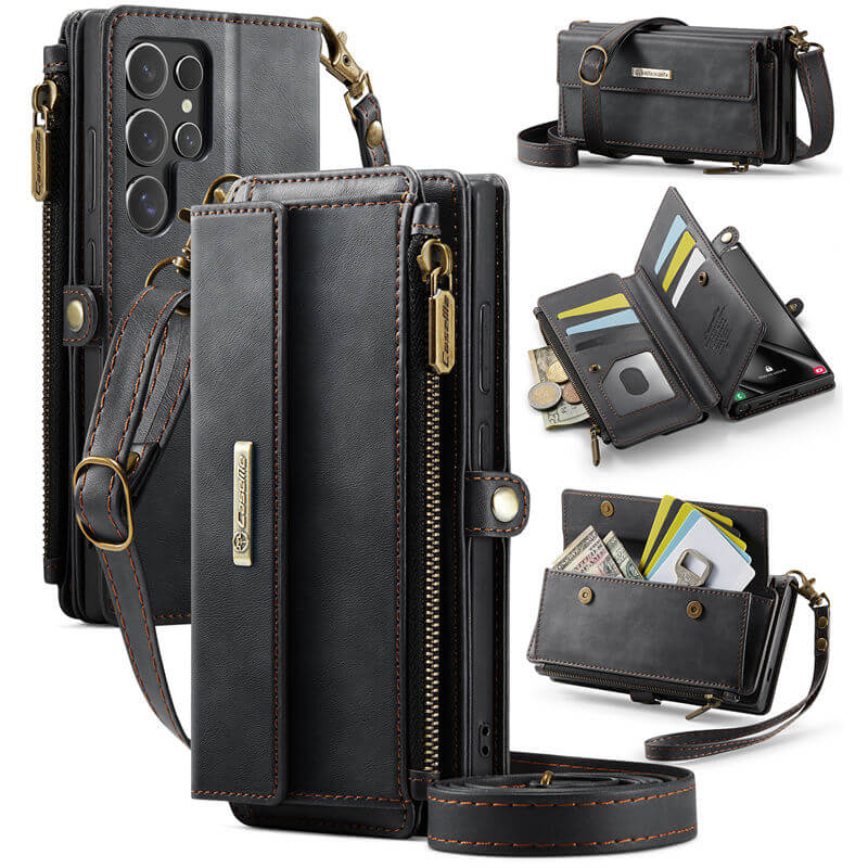 CaseMe Samsung Galaxy S25 Ultra Wallet Case – RFID Blocking Crossbody Bag with 9 Card Slots & Wireless Charging Black