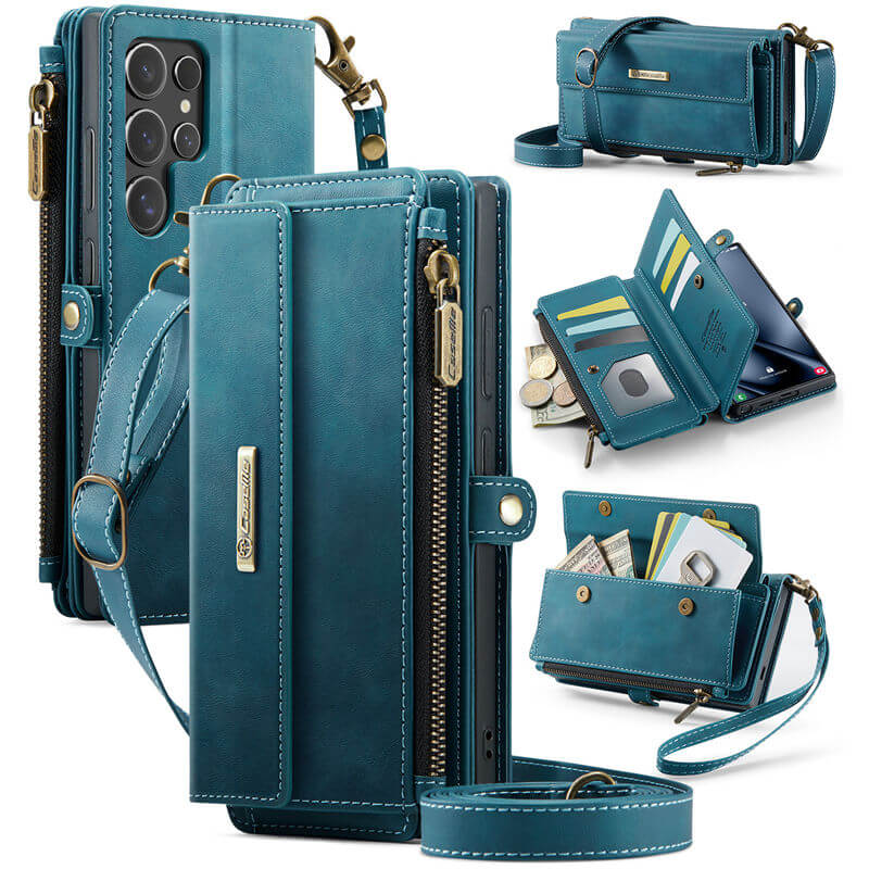 CaseMe Samsung Galaxy S25 Ultra Wallet Case – RFID Blocking Crossbody Bag with 9 Card Slots & Wireless Charging Blue