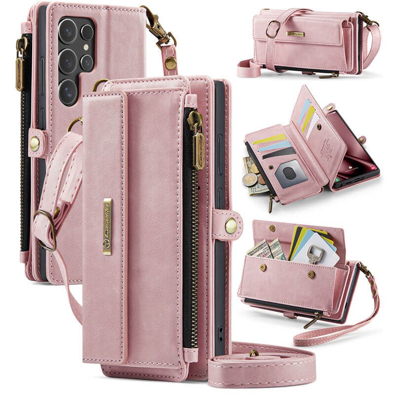 CaseMe Samsung Galaxy S25 Ultra Wallet Case – RFID Blocking Crossbody Bag with 9 Card Slots & Wireless Charging Pink