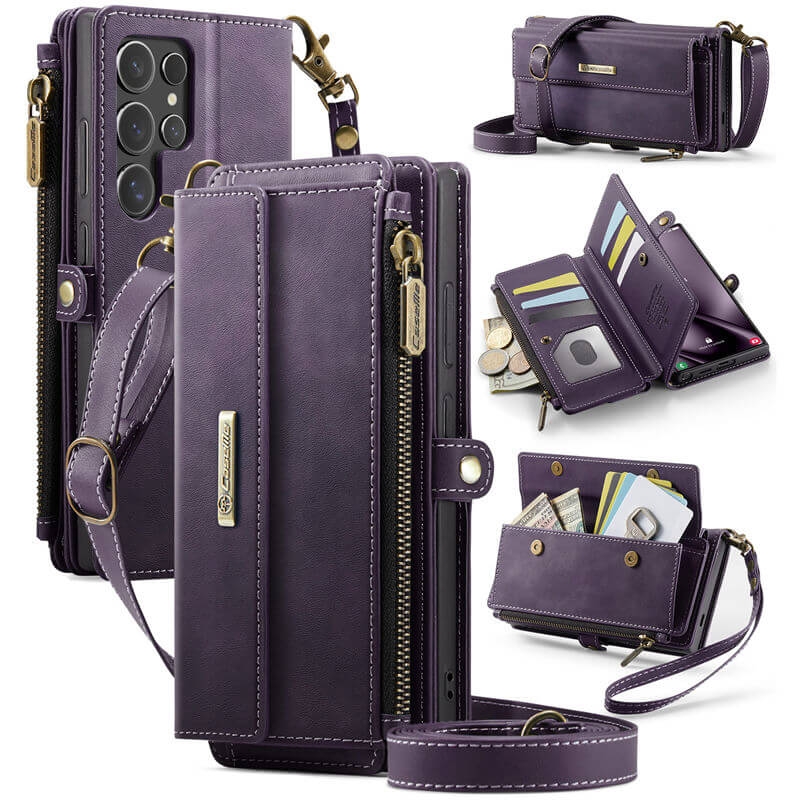 CaseMe Samsung Galaxy S25 Ultra Wallet Case – RFID Blocking Crossbody Bag with 9 Card Slots & Wireless Charging Purple