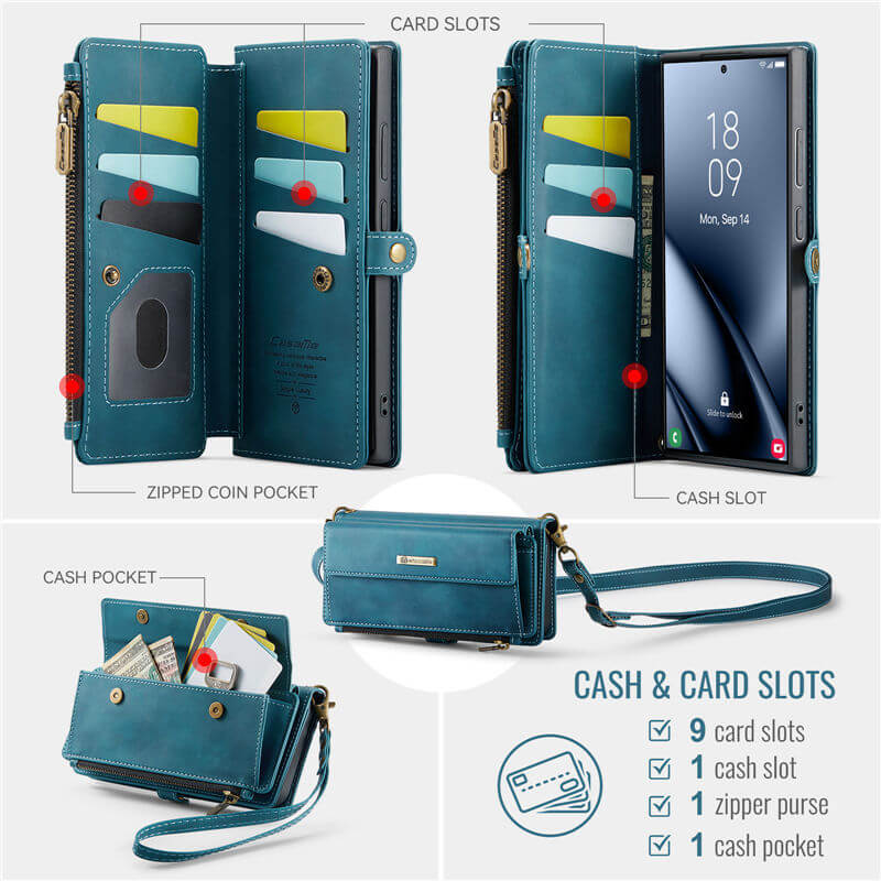 CaseMe Samsung Galaxy S24 Ultra Wallet Case – RFID Blocking, 9 Card Slots, Crossbody Strap & Wireless Charging