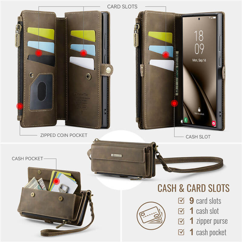 CaseMe Samsung Galaxy S25 Ultra Wallet Case – RFID Blocking, 9 Card Slots, Crossbody Strap & Wireless Charging