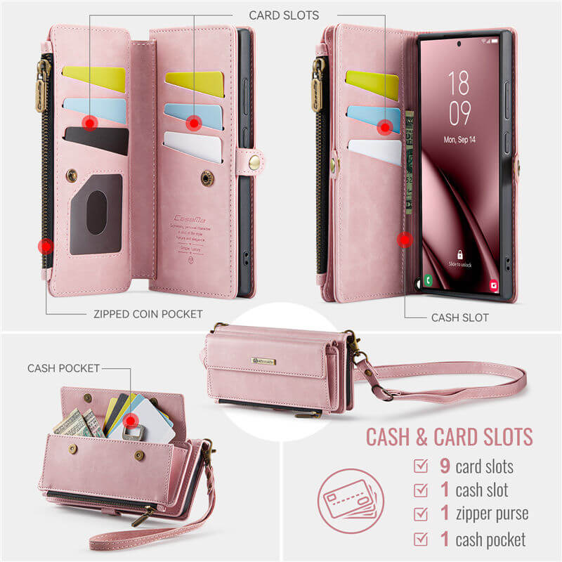 CaseMe Samsung Galaxy S25 Ultra Wallet Case – RFID Blocking, 9 Card Slots, Crossbody Strap & Wireless Charging