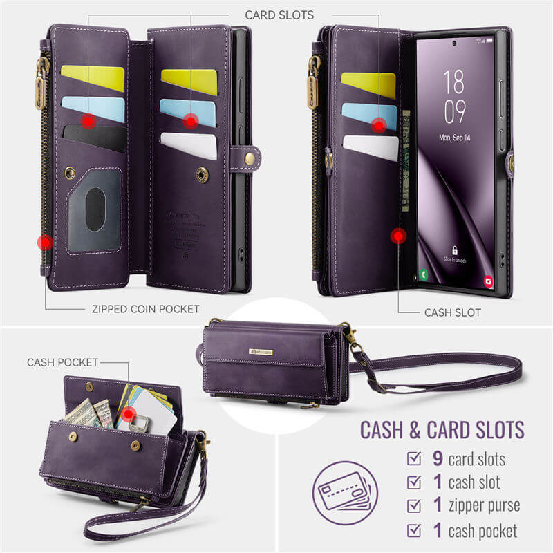 CaseMe Samsung Galaxy S25 Ultra Wallet Case – RFID Blocking, 9 Card Slots, Crossbody Strap & Wireless Charging