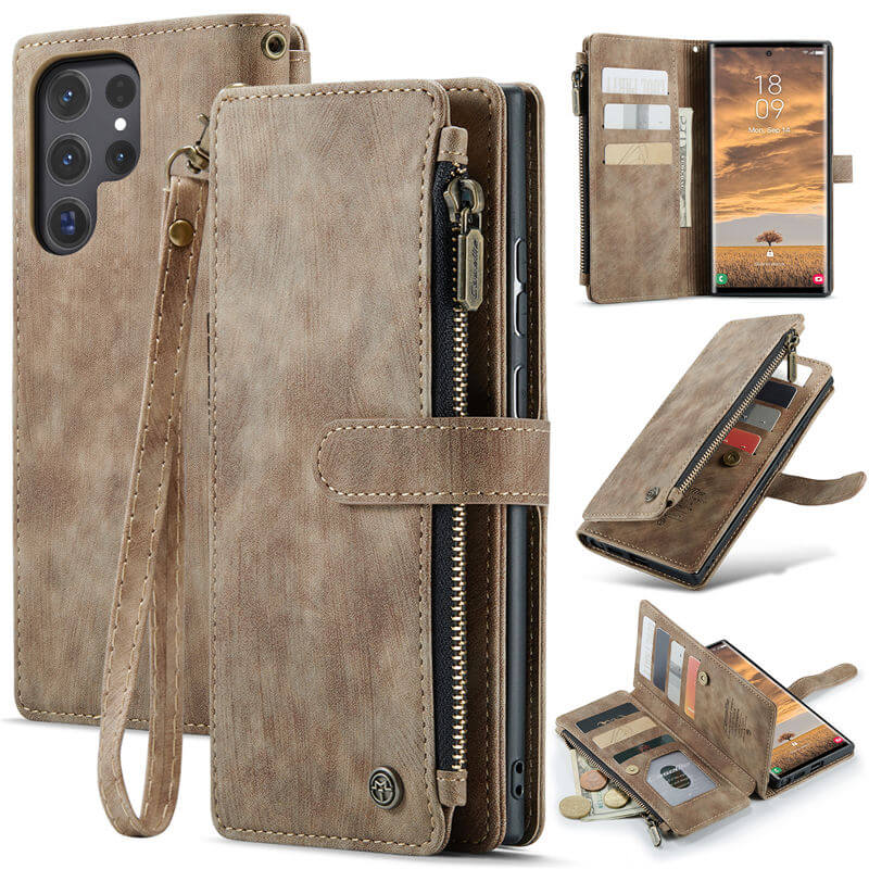 CaseMe Samsung Galaxy S24 Ultra Wallet kickstand Case with Wrist Strap Coffee