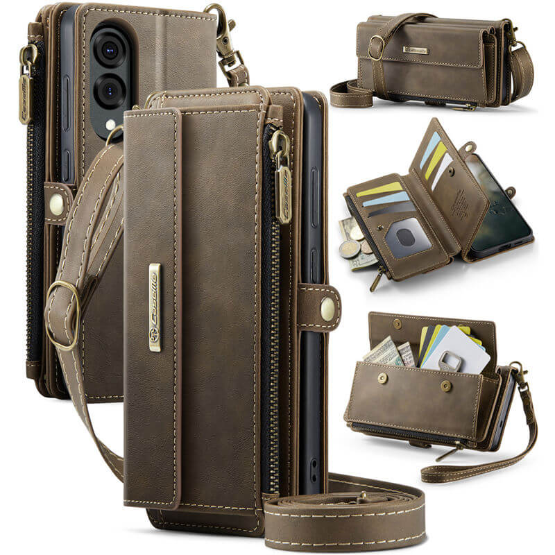 CaseMe Samsung Galaxy S25 Edge Wallet Case – RFID Blocking Crossbody Bag with 9 Card Slots & Wireless Charging Coffee