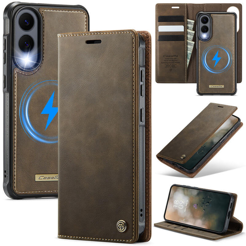 CaseMe Samsung Galaxy S25 Edge 2-in-1 Magnetic Wallet Case – Wireless Charging & RFID Blocking Coffee