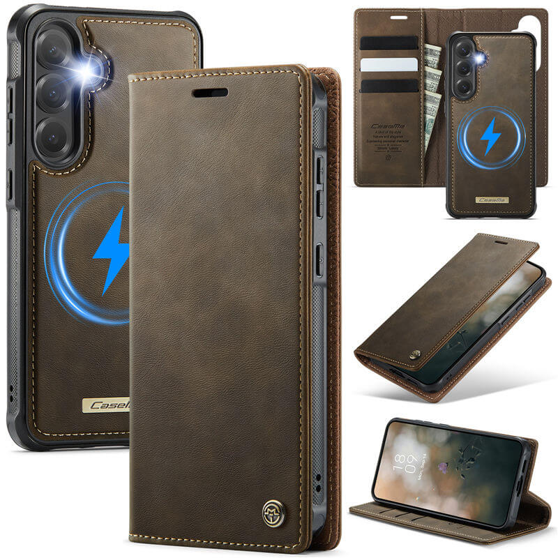 CaseMe Samsung Galaxy S24 2-in-1 Magnetic Wallet Case – Wireless Charging & RFID Blocking Coffee