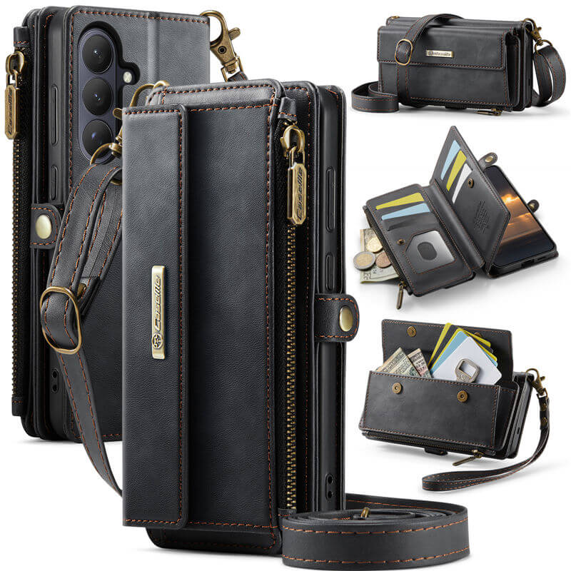 CaseMe Samsung Galaxy S26 Wallet Case – RFID Blocking Crossbody Bag with 9 Card Slots & Wireless Charging Black