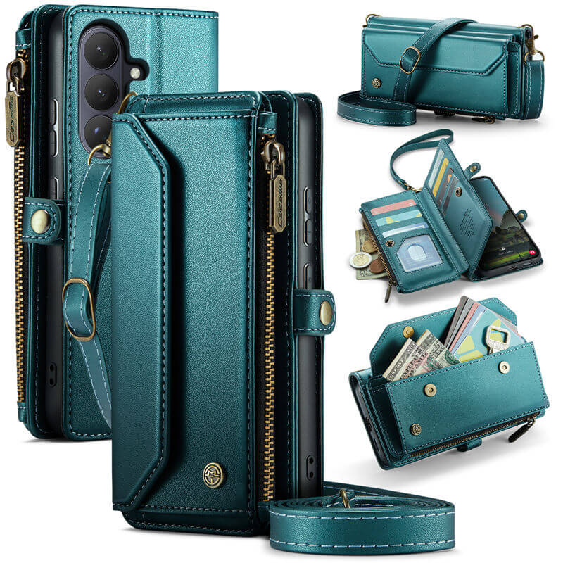 CaseMe Samsung Galaxy S26 Plus RFID Wallet Case with Crossbody Strap, 10 Card Slots, Zipper Pocket & Wireless Charging Green
