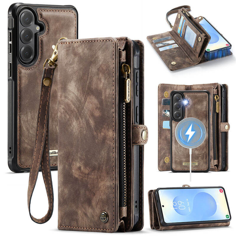 CaseMe Samsung Galaxy S26 2-in-1 Magnetic RFID Wallet Case with Wrist Strap Coffee