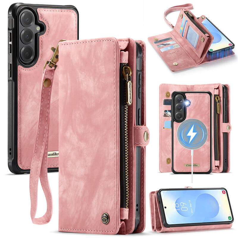 CaseMe Samsung Galaxy S26 2-in-1 Magnetic RFID Wallet Case with Wrist Strap Pink