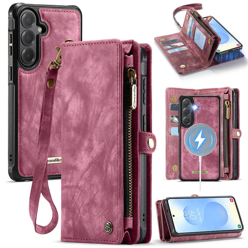 CaseMe Samsung Galaxy S26 2-in-1 Magnetic RFID Wallet Case with Wrist Strap Red