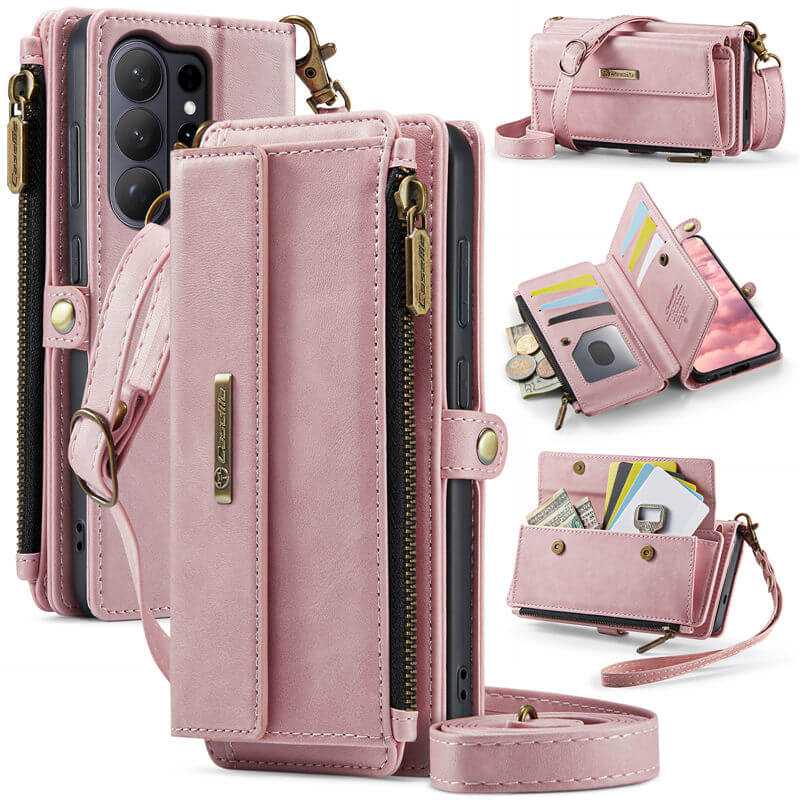 CaseMe Samsung Galaxy S26 Ultra Wallet Case – RFID Blocking Crossbody Bag with 9 Card Slots & Wireless Charging Pink