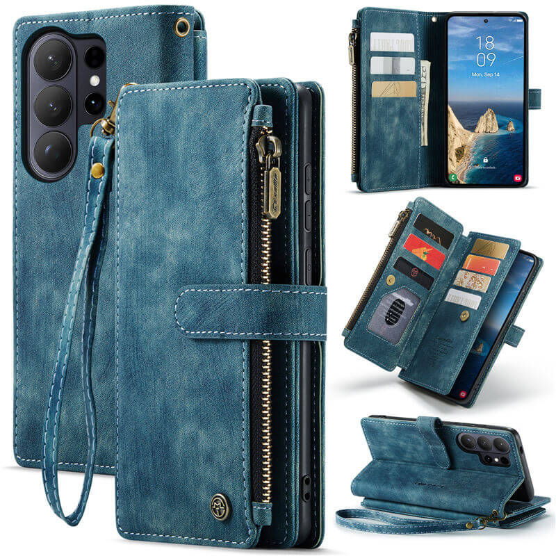 CaseMe Samsung Galaxy S26 Ultra Wallet Case with 10 Card Slots, Zipper Pocket & Wireless Charging Blue