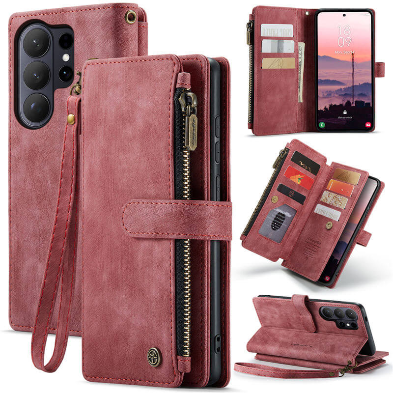 CaseMe Samsung Galaxy S26 Ultra Wallet Case with 10 Card Slots, Zipper Pocket & Wireless Charging Red