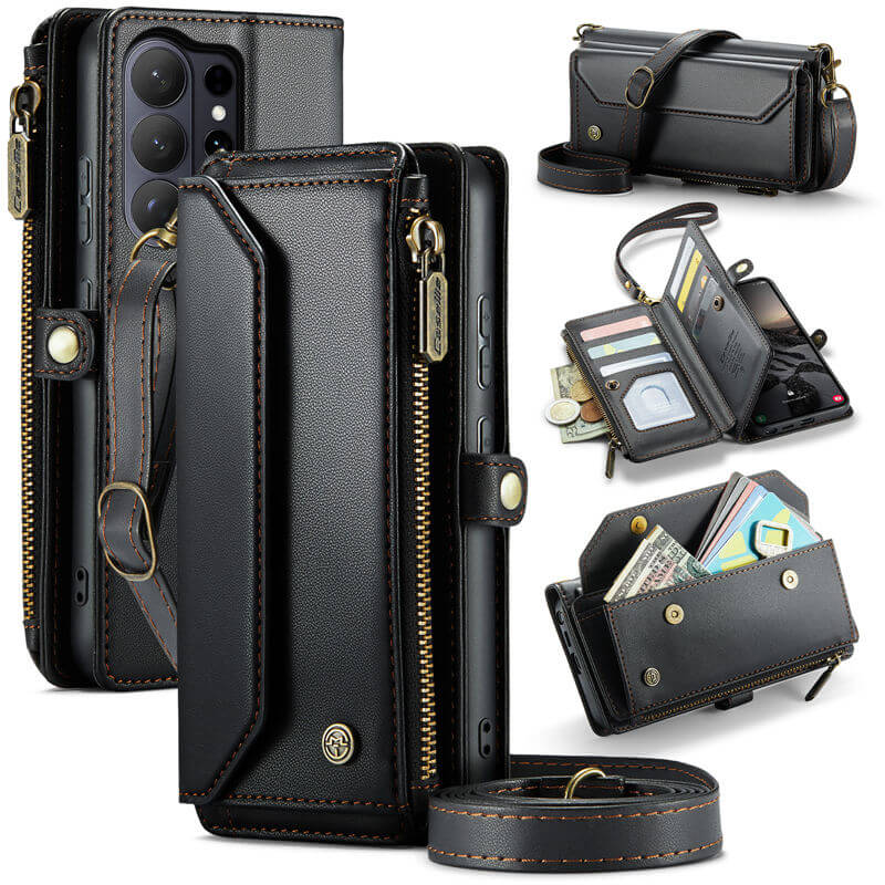 CaseMe Samsung Galaxy S26 Ultra RFID Wallet Case with Crossbody Strap, 10 Card Slots, Zipper Pocket & Wireless Charging Black