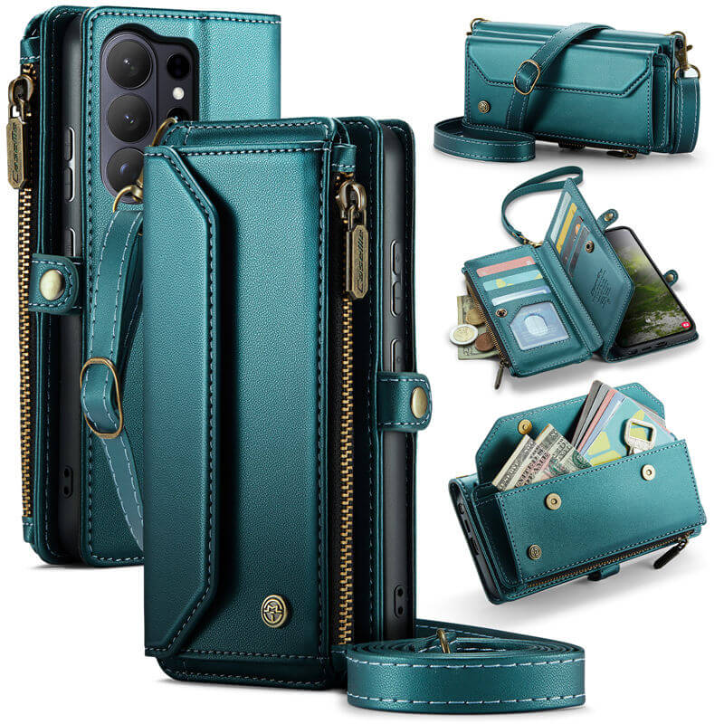 CaseMe Samsung Galaxy S26 Ultra RFID Wallet Case with Crossbody Strap, 10 Card Slots, Zipper Pocket & Wireless Charging Green