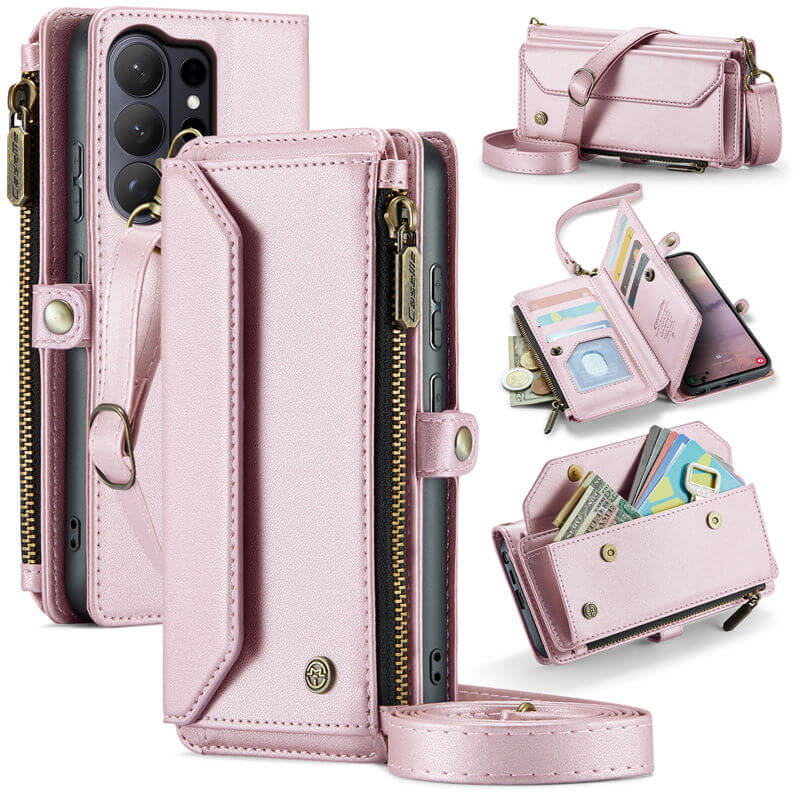 CaseMe Samsung Galaxy S26 Ultra RFID Wallet Case with Crossbody Strap, 10 Card Slots, Zipper Pocket & Wireless Charging Pink