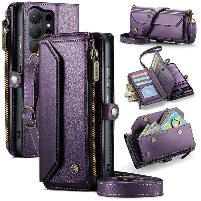 CaseMe Samsung Galaxy S26 Ultra RFID Wallet Case with Crossbody Strap, 10 Card Slots, Zipper Pocket & Wireless Charging Purple