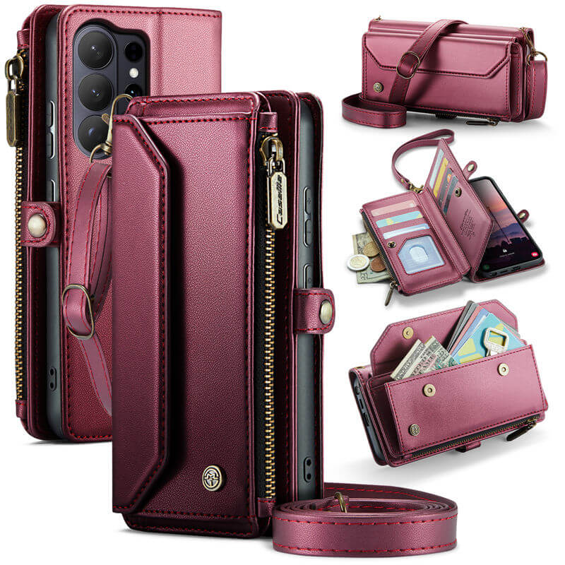 CaseMe Samsung Galaxy S26 Ultra RFID Wallet Case with Crossbody Strap, 10 Card Slots, Zipper Pocket & Wireless Charging Red