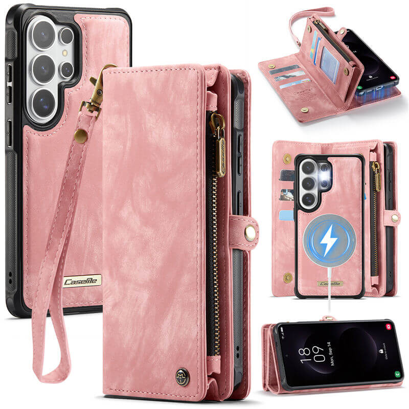 CaseMe Samsung Galaxy S26 Ultra 2-in-1 Magnetic RFID Wallet Case with Wrist Strap Pink